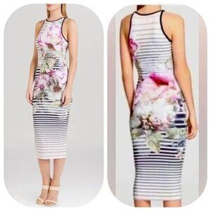 Ted Baker 5 Size US 12 Laya Sleeveless Peony Floral Stripes Bodycon Midi Dress